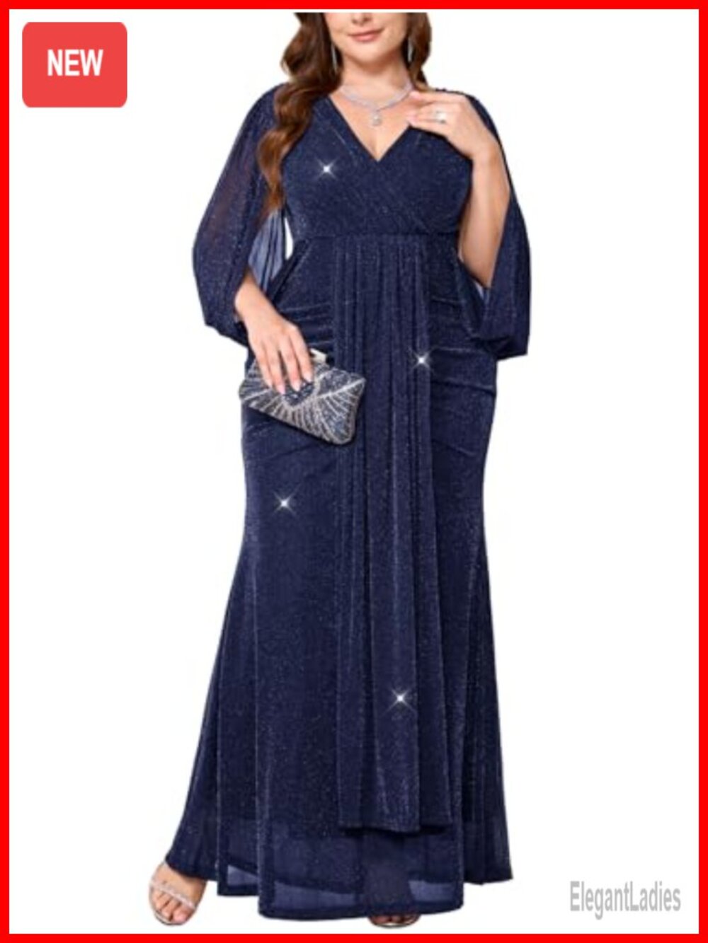 Plus Size Sparkly Formal Mermaid Maxi Dress V Neck Cape Sleeve Evening Gown